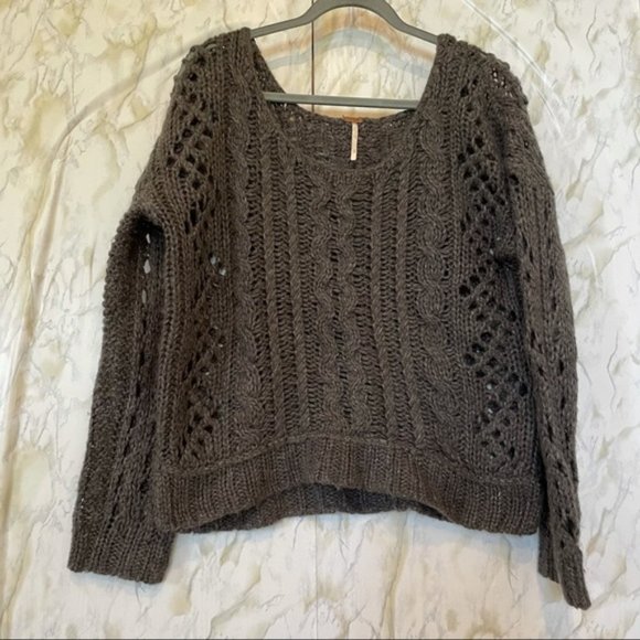 Free people medium chunky knit sweater pullover grey long sleeve cozy fall soft - Picture 2 of 7